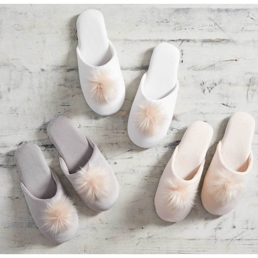 Pottery Barn Velvet Pom Pom Slippers in Grey Large - Picture 3 of 4